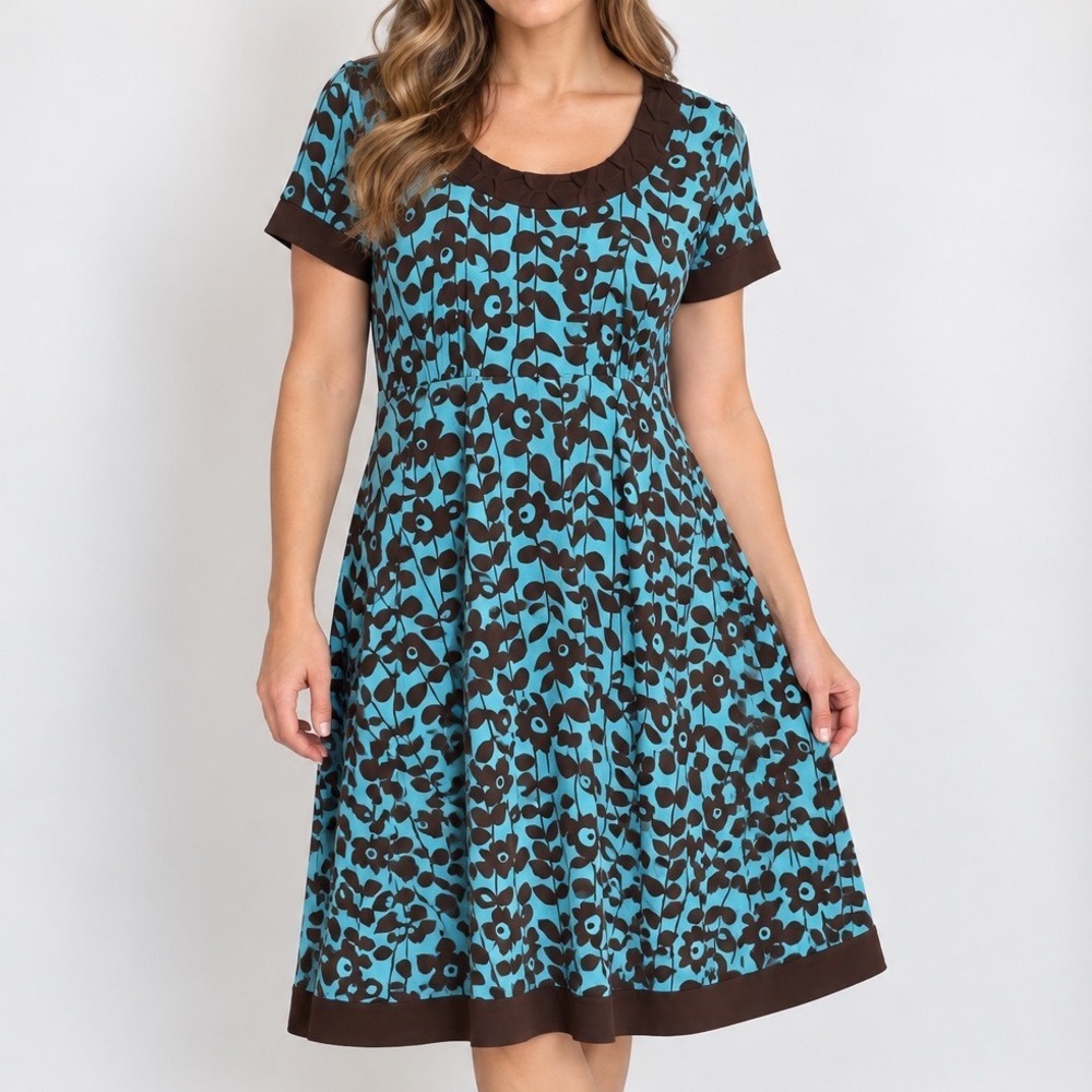 Apt. 9 Petite Medium Floral Dress Blue Brown Empire Waist Retro Y2K